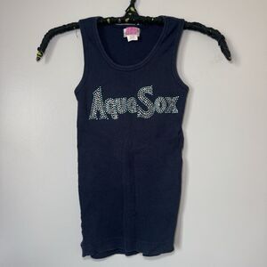 Vintage Blue Sporty Aqua Rhinestone Tank Top Sz XS Y2K Simply Bling Slim FIt